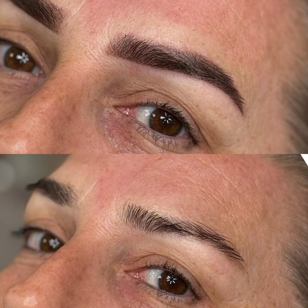 Antes y después de arquitectura de cejas con diseño a medida en centro de belleza Sara Passos