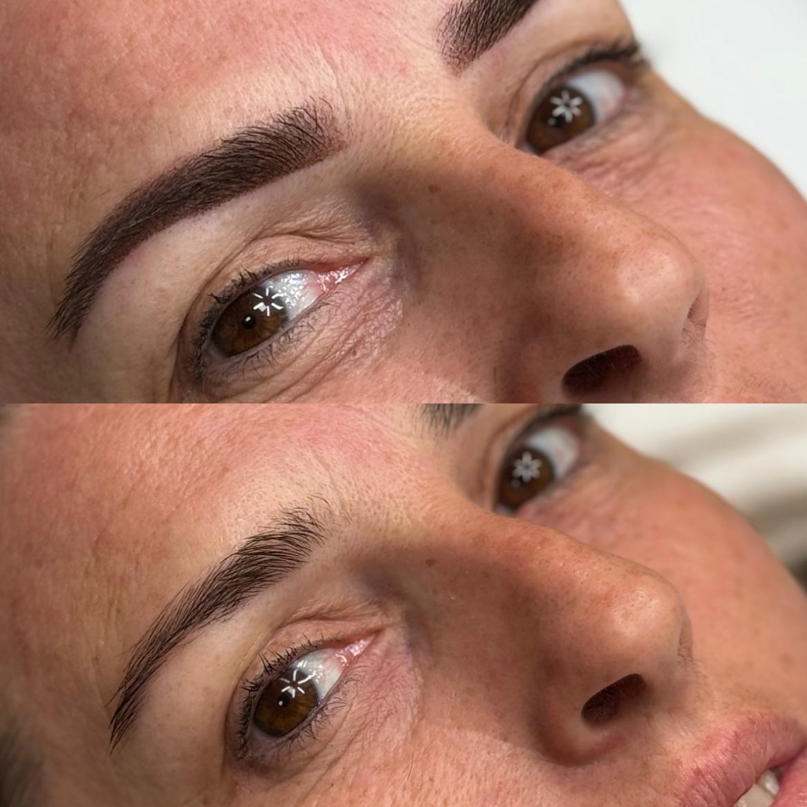 Antes y después de arquitectura de cejas con diseño a medida en centro de belleza Sara Passos